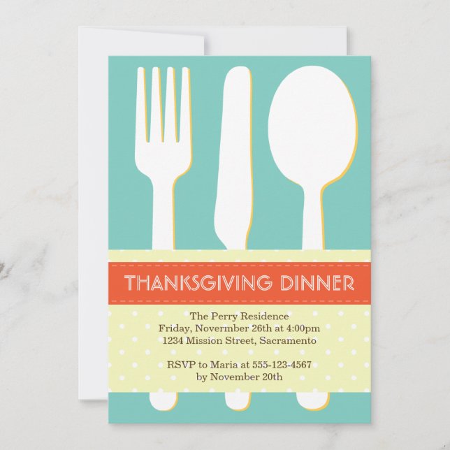 Utensil place setting orange blue thanksgiving invitation (Front)
