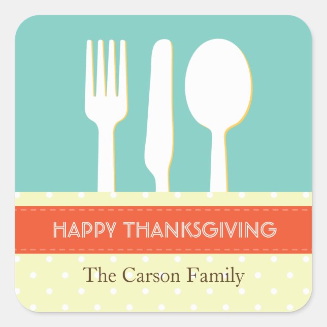Utensil place setting orange blue thanksgiving square sticker (Front)