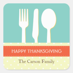 Utensil place setting orange blue thanksgiving square sticker