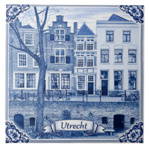Utrecht canal houses Delft Blue style ceramic tile