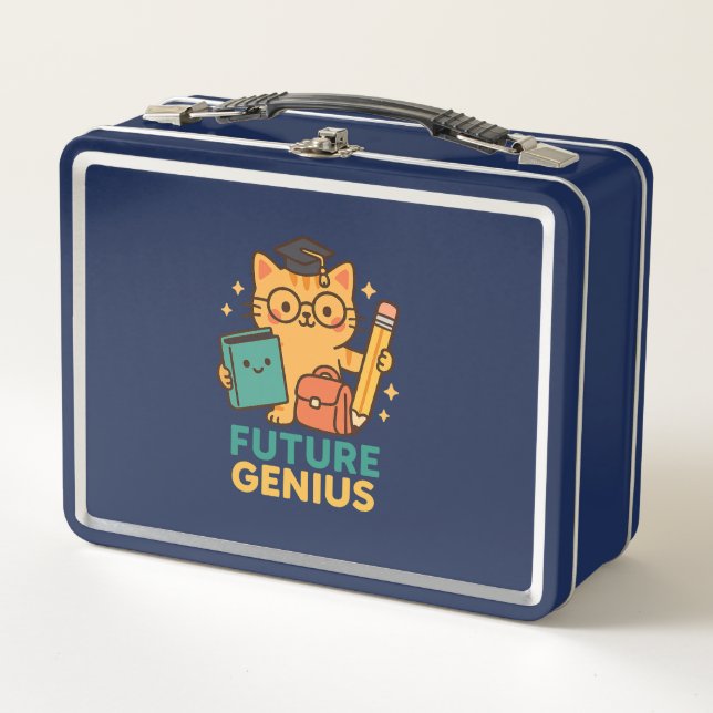 uture Genius – Cute Cat with School Essentials Metal Lunch Box (Front)