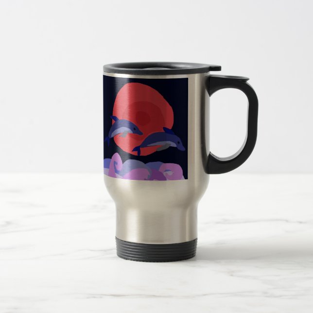 UU- Graceful Leaping Dolphins Primitive Art Travel Mug (Right)