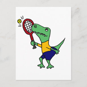 UV- Funny T-Rex Dinosaur Playing Tennis Cartoon Postcard