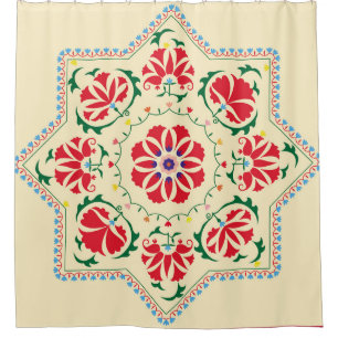 Uzbek ethnic vintage ornament suzanisuzani, fabric shower curtain