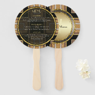 V1 Art Deco Gold Round Wedding Menu Card Hand Fan
