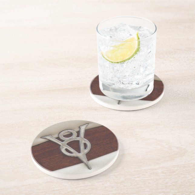 V8 Chrome Emblem Leather and Wood Coaster (Side)