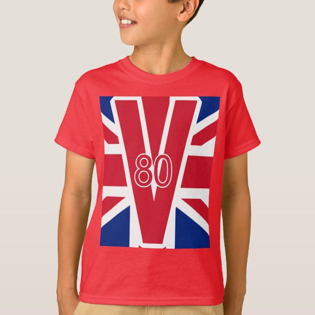 V 80 With Union Jack Background VE Day T-Shirt (Front)