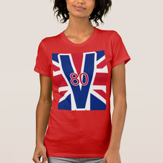 V 80 With Union Jack Background VE Day UK T-Shirt (Front)