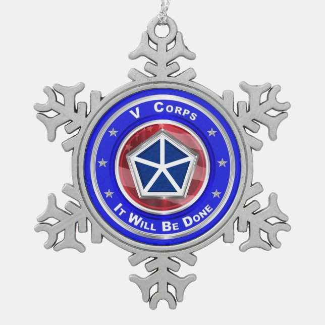 V Corps Christmas Keepsake Snowflake Pewter Christmas Ornament (Front)