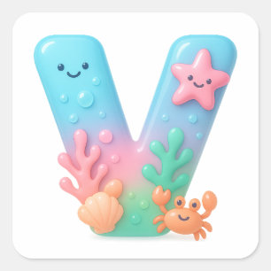 "V" Cute Letter - Underwater Sea Creature Square Sticker