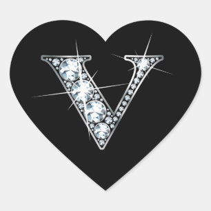 "V" Diamond Bling on Black Heart Sticker