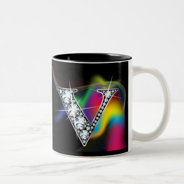 "V" Diamond Bling on Rainbow Swirl Mug (Right)
