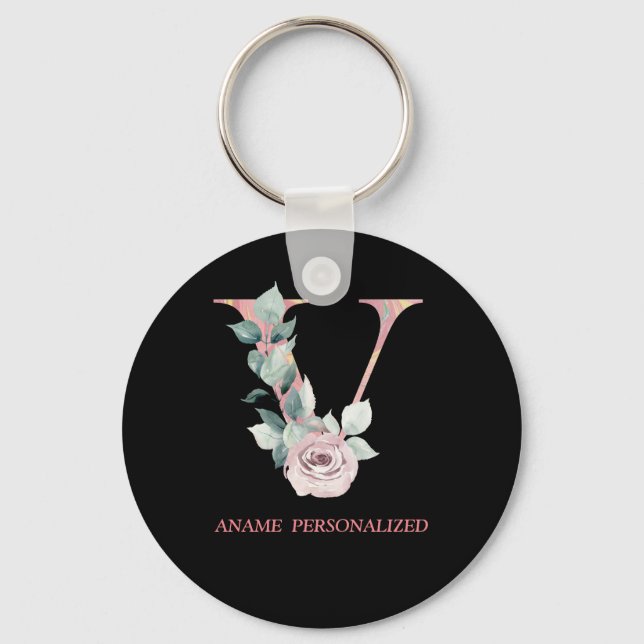 V Floral Monogram Name Letters Pink Agate Keychain (Front)