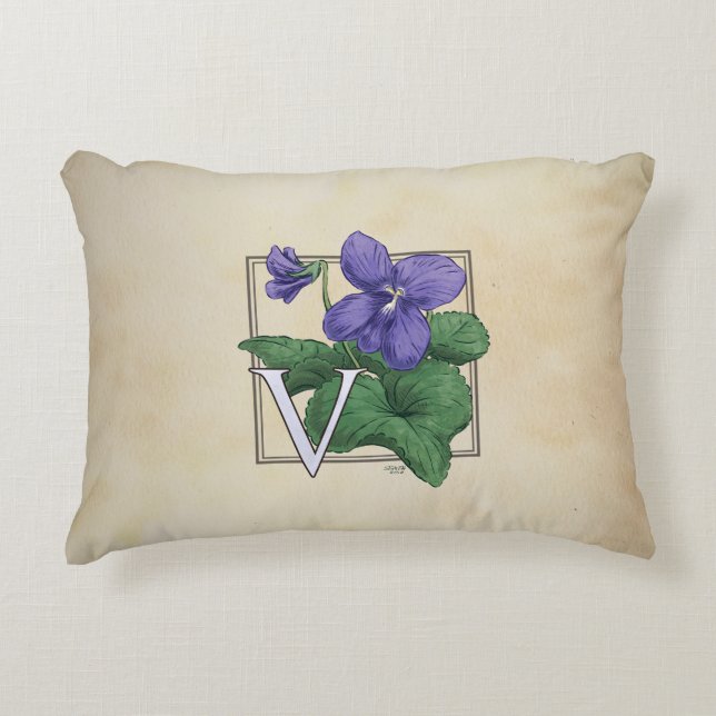 V for Violets Flower Monogram Artwork Decorative Cushion (Front)