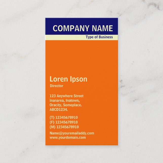 V Header Band - Dark Blue, Cream and Orange FF6600 Business Card (Front)