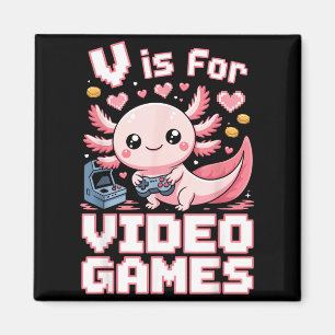 V is for video games cute axolotl gamer valentine magnet