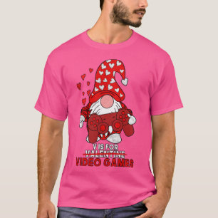 V Is For Video Games Cute Gnome Valentines Day Gam T-Shirt
