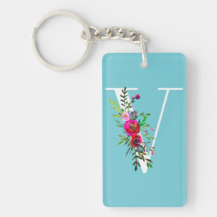 V Letter Initial Monogram Floral Custom Colour Key Ring