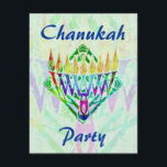 V Menorah Chanukah Party Invitations<br><div class="desc">Colourful painted menorah with abstract green patterned background. Chanukah design. Custom invitations - just add your own information in the provided spaces.</div>