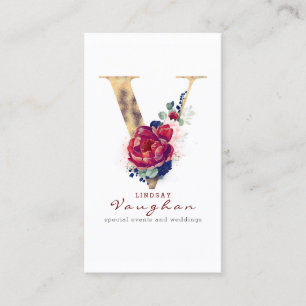 V Monogram Burgundy Gold and Navy Blue Floral Business Card