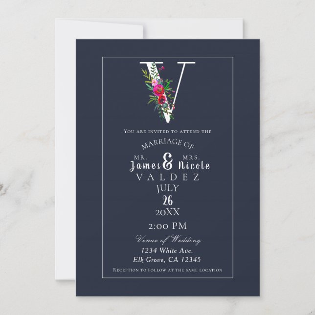 V Monogram Last Initial Modern Blue Floral Wedding Invitation (Front)