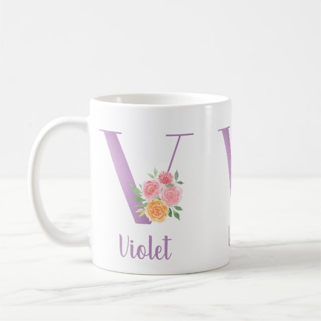 V Monogram Purple Floral Watercolor Personalised Coffee Mug (Left)