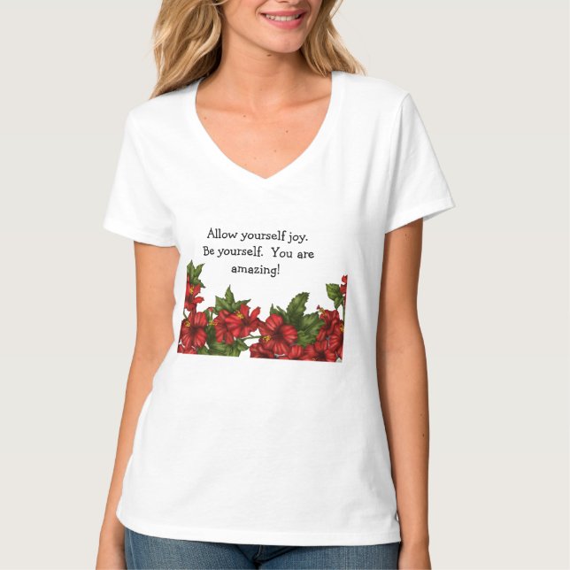 V neck tshirt with hibiscus design  (Front)