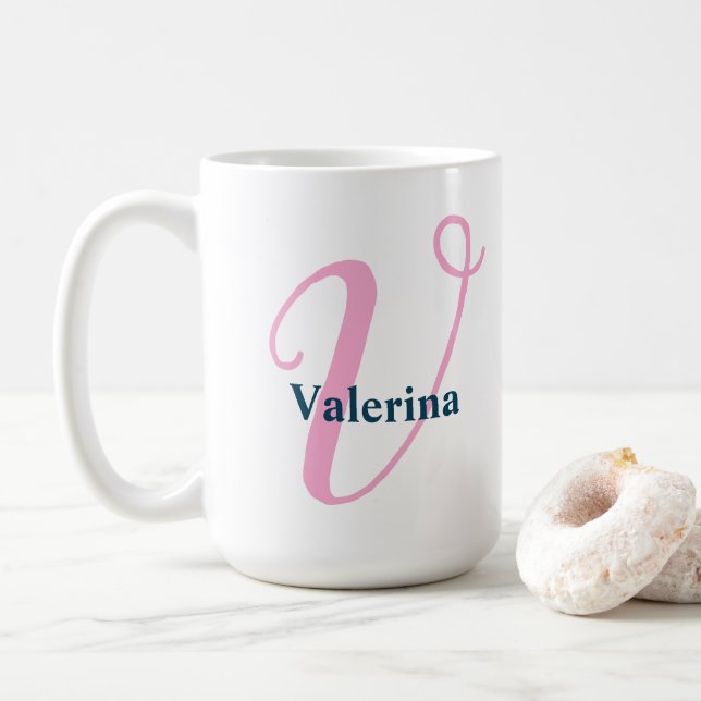  "V" Pink Fancy Script Monogram with Navy Name Coffee Mug (With Donut)
