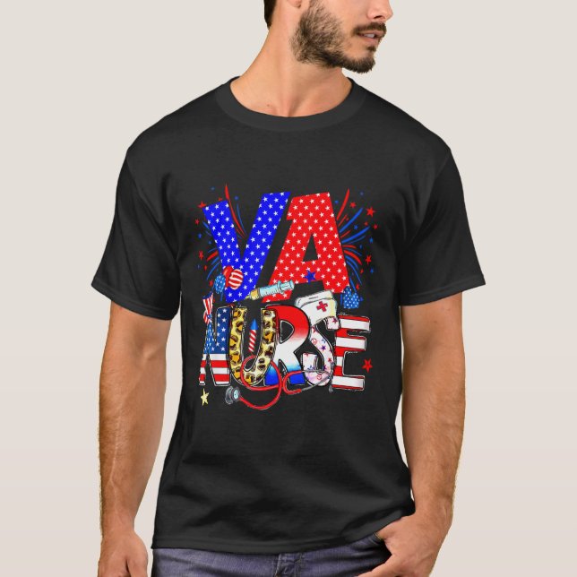 Va Nurse 4th Of July American Flag Stethoscope  T-Shirt (Front)