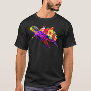 Vacation Beach Hawaiian Tie Dye Sea Turtle Flowers T-Shirt