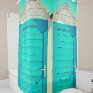 Vacation beachfront cabana turquoise white shower curtain