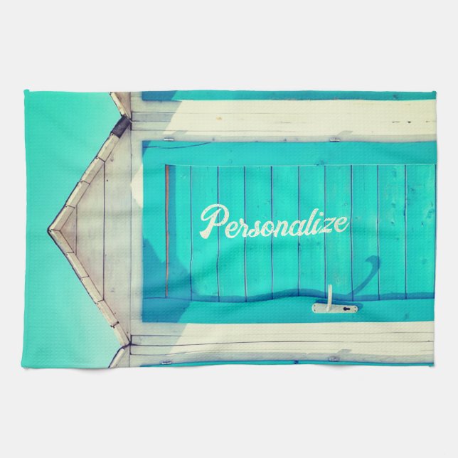Vacation beachfront cabana turquoise white tea towel (Horizontal)