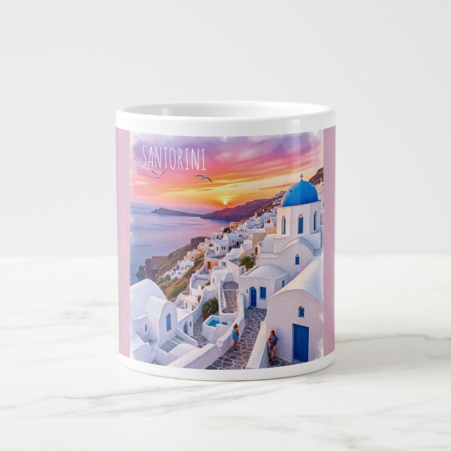 Vacation, Beautiful Sunset in Santorini Large Coffee Mug (Front)
