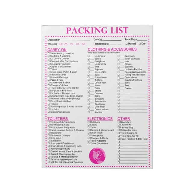 Vacation Packing List, Personalised Globe Monogram Notepad (Rotated)