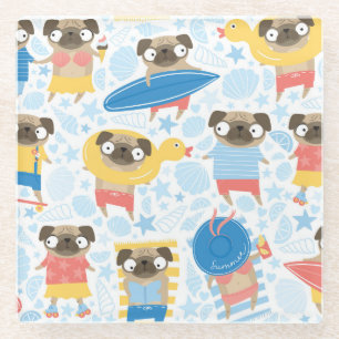 Vacation pugs, summer beach seamless. glass coaster