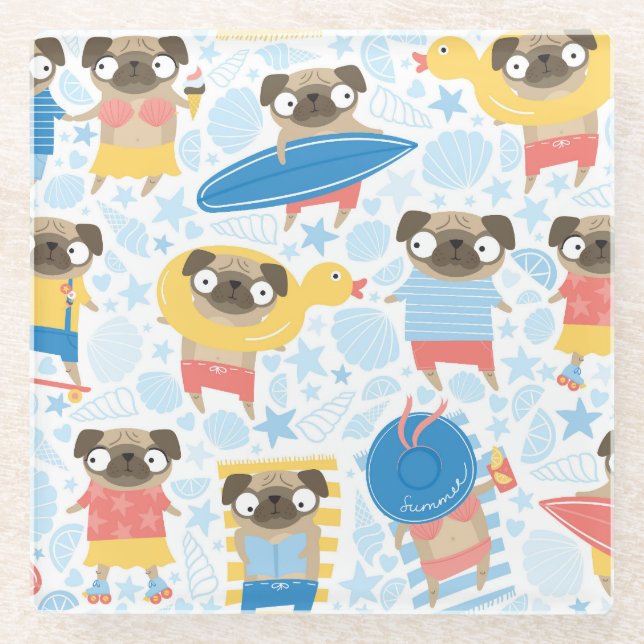 Vacation pugs, summer beach seamless. glass coaster (Front)