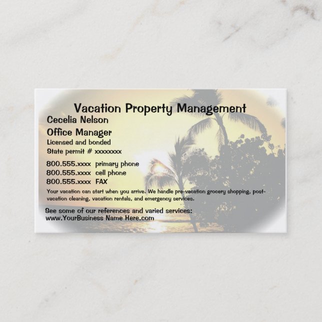 Vacation Real Estate or Property Management Business Card (Front)