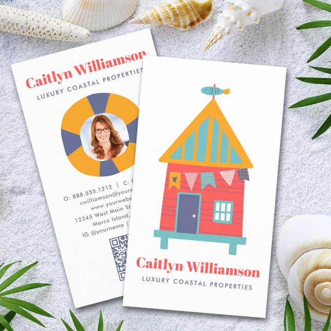 Vacation Real Estate Photo QR Code Fun Beach House Business Card (Creator Uploaded)
