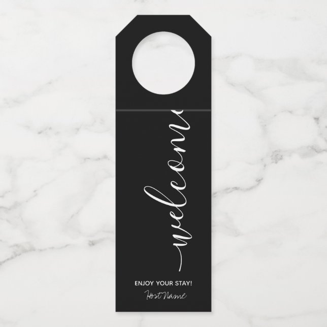 Vacation Rental Black Welcome  Bottle Hanger Tag (Front)