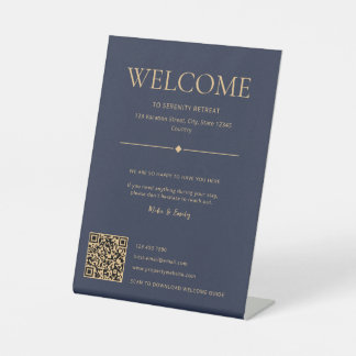 Vacation Rental Home Welcome QR Code Dark Blue Pedestal Sign
