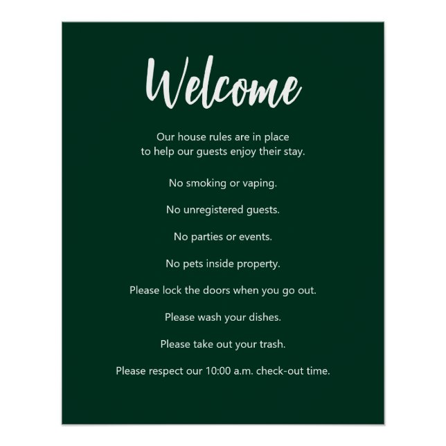 Vacation Rental House Rules Dark Green and White Poster (Front)