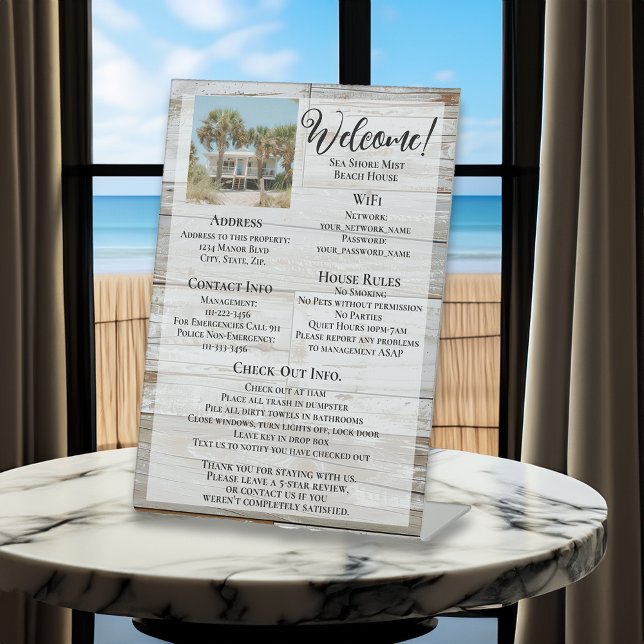 Vacation Rental Welcome Guest Information Photo Pedestal Sign (beach vacation rental home photo guest information sign)