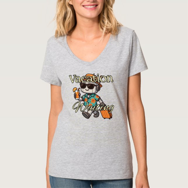 Vacation Waiting | Cute Robot Summer Women's V-Nec T-Shirt (Front)