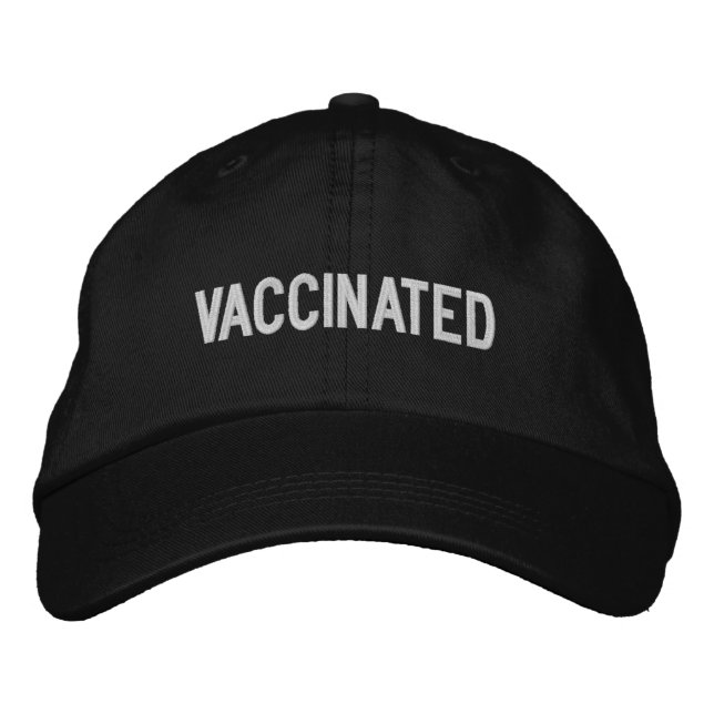 Vaccinated, black and white embroidered hat (Front)