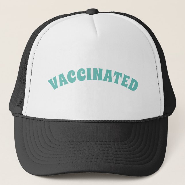 Vaccinated light teal and white trucker hat (Front)