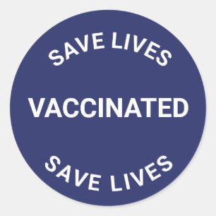 Vaccinated, save lives navy blue white classic round sticker