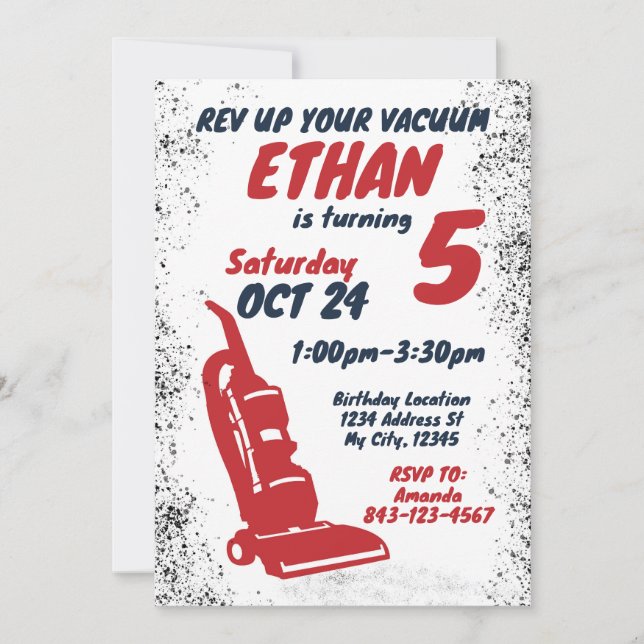 Vacuum cleaner birthday invitation RED (Front)