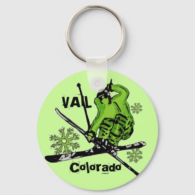Vail Colorado neon green skier theme keychain (Front)