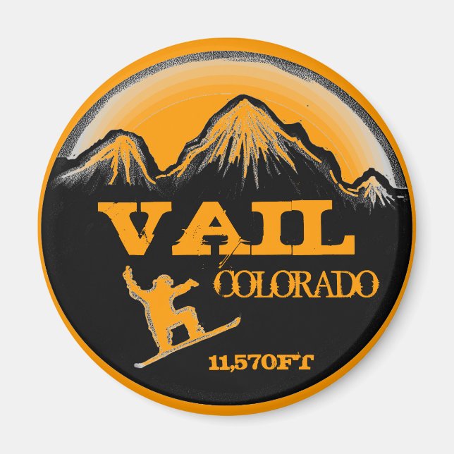 Vail Colorado orange snowboard art magnet (Front)