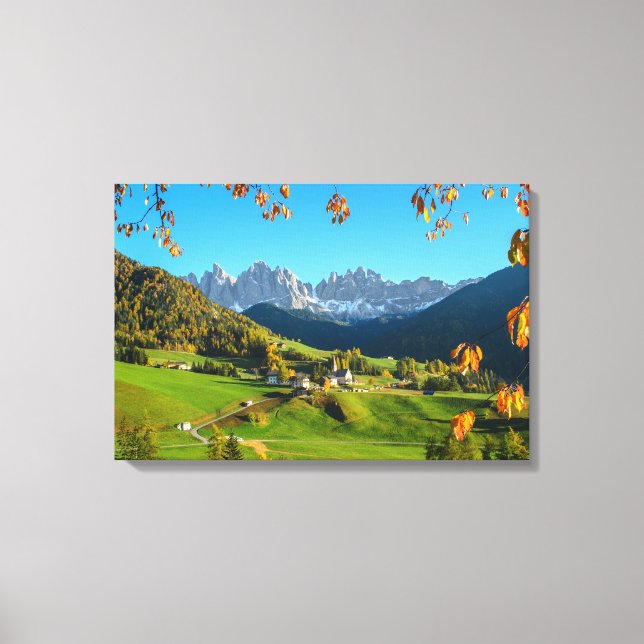 Val di Funes valley with autumn leaves canvas Print (Front)
